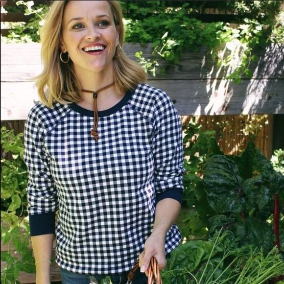 Draper James Natalie Sweatshirt French Terry Gingham Check Navy Pullover Small - Picture 1 of 8